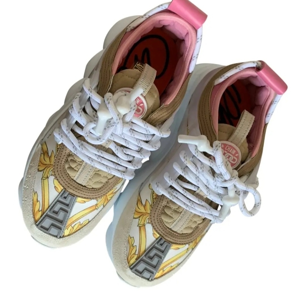 Versace Gold Hibiscus Baroque Print Pink Chain Reaction Trainers EU 37 US Wmns 7 - Picture 3 of 9